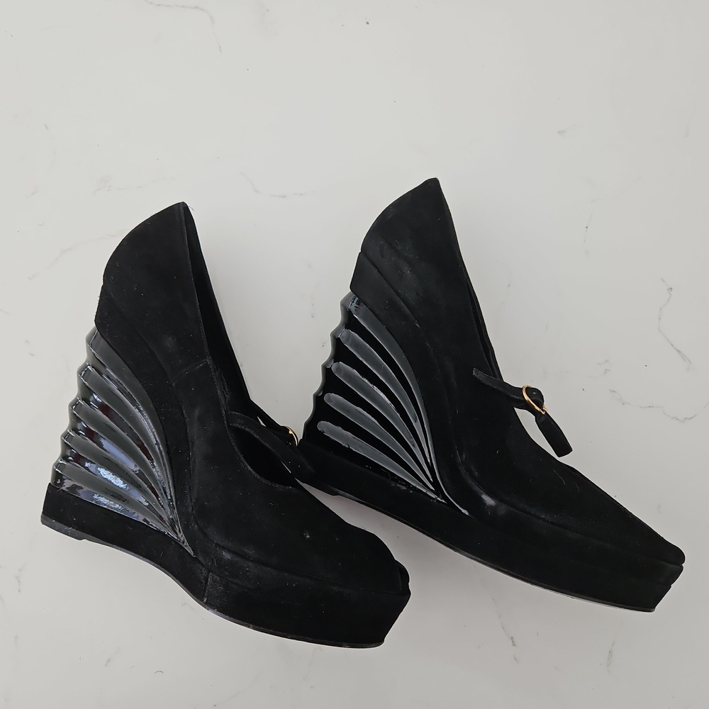 YSL Authentic Black Peep Toe Platform Wavy Wedges - Picture 3 of 4